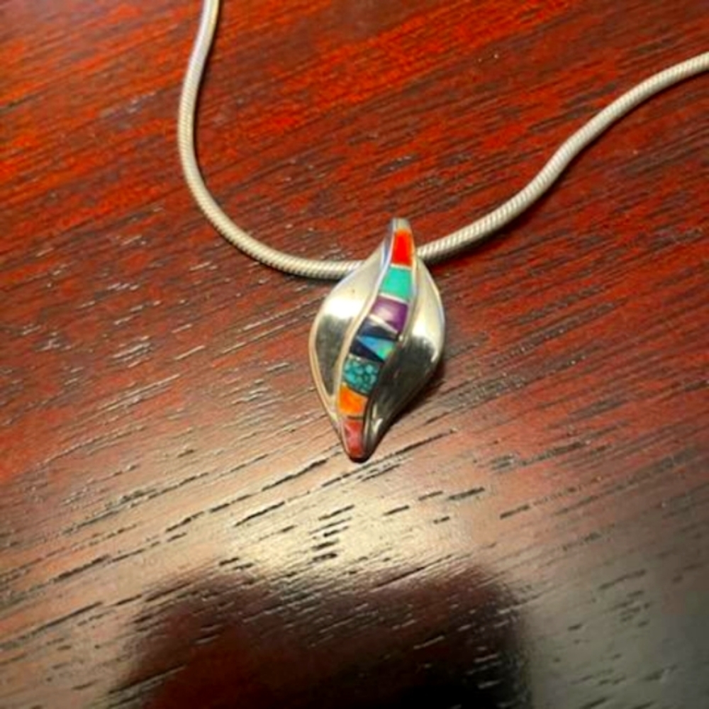 Native American Navajo Multi Gemstones Swirled 925 Pendant and & Chain